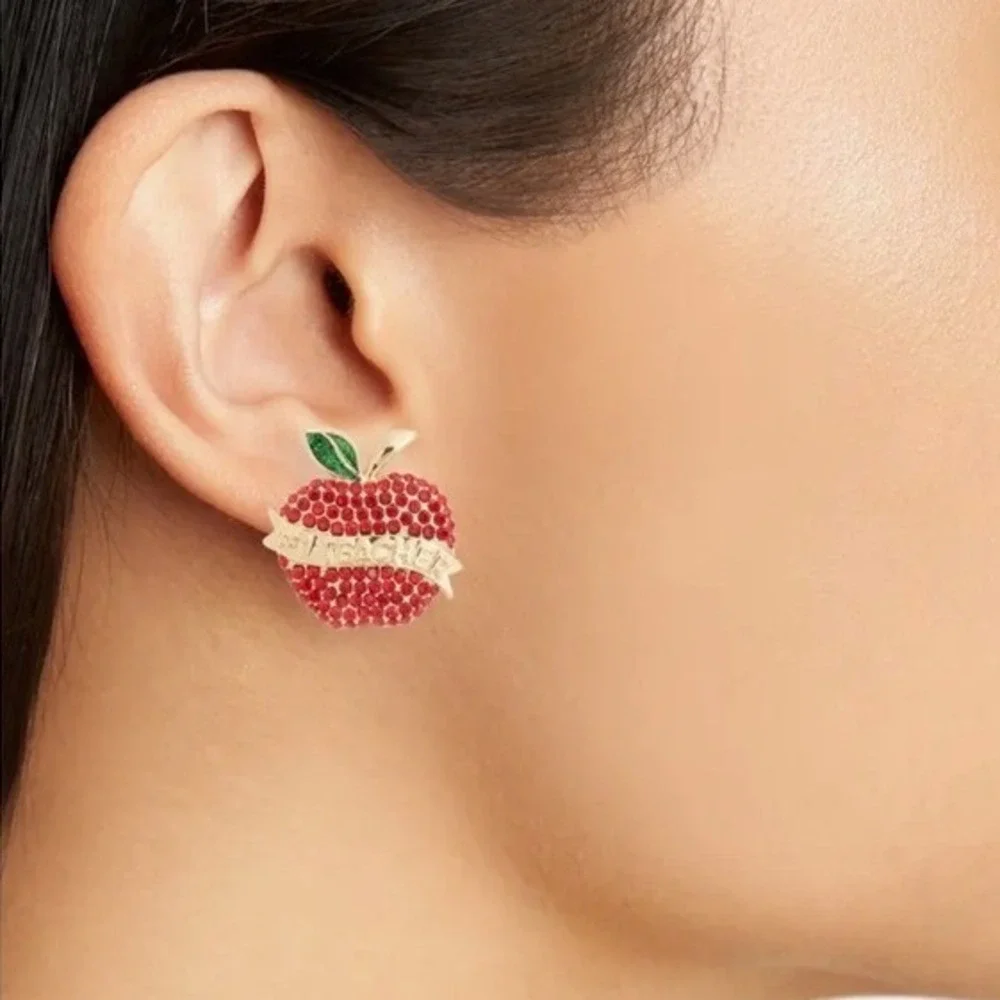 Baublebar Pavé #1 Teacher Apple Stud Earrings -‎ Red/Gold Teacher Gift NWT